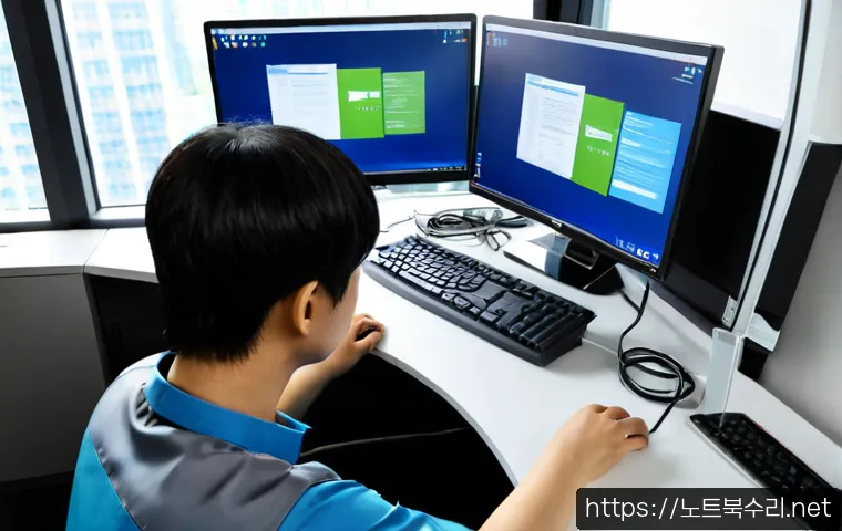 세종로 공장초기화복구 - Photorealistic IT recovery workstation in a compact office near Sejong-ro, technician carefully rest...