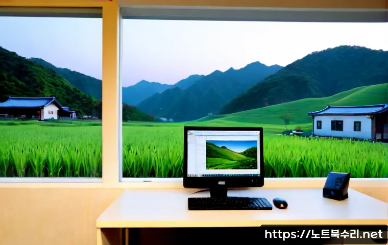 보개면 절전모드 - Photorealistic rural home office in Bogae-myeon at dusk, a compact desktop workstation entering powe...