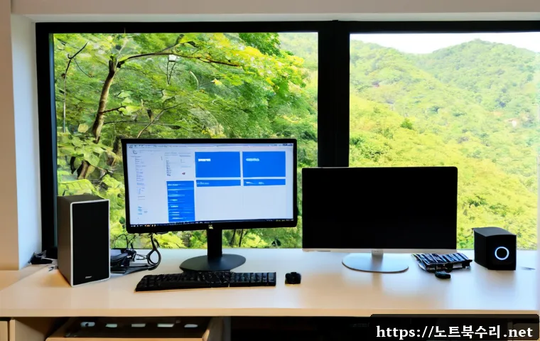 녹번동 STATUS_INVALID_PAGE - Photorealistic IT support workstation in a compact apartment near a wooded hillside neighborhood, du...