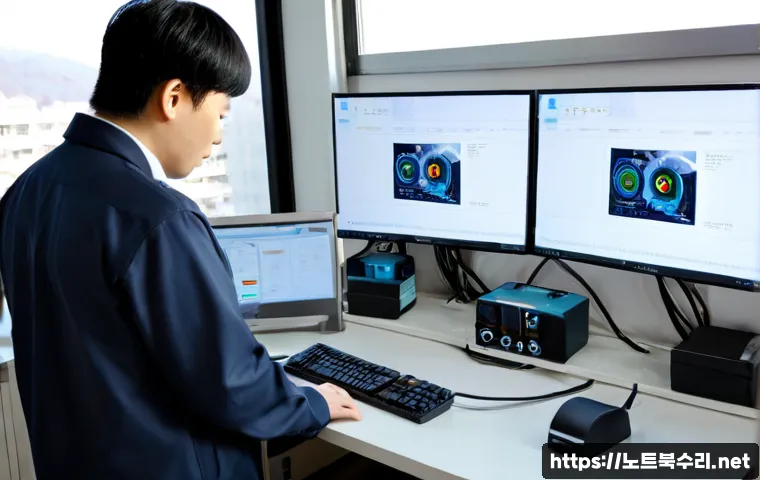 동두천 MACHINE_CHECK_EXCEPTION - Photorealistic IT support workstation in Dongducheon, dual monitors showing a frozen 3D mechanical a...