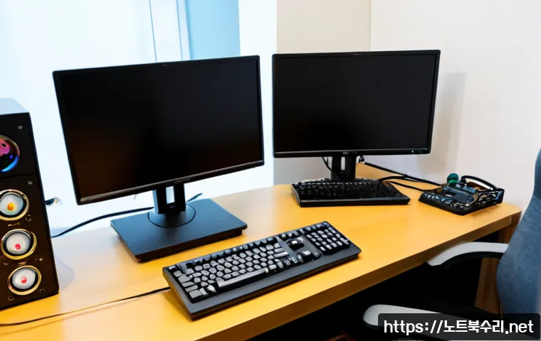 갈월동 STATUS_EXECUTION_TIMEOUT - Photorealistic remote-support workstation in a compact Galwol-dong apartment office, dual monitors s...