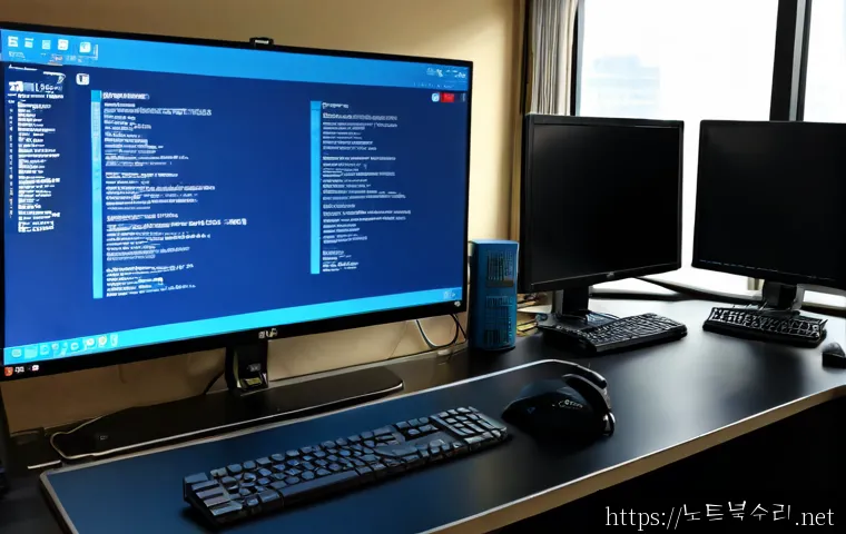 효제동 HAL_INITIALIZATION_FAILED - Photorealistic IT support workstation in Hyoje-dong, Seoul, dual monitors showing a blank blue syste...