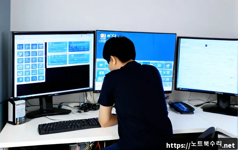 인현동 STATUS_KERNEL_REGISTRY_ERROR - Photorealistic IT support workstation in a compact Inhyeon-dong electronics repair office, technicia...