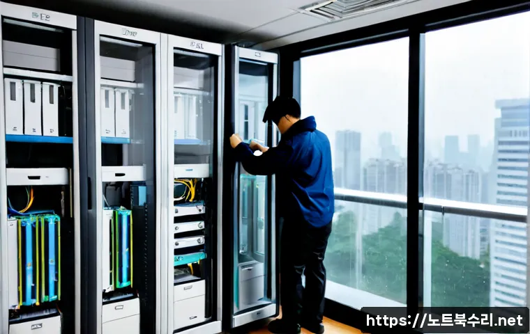 역삼동 파일서버출장방문수리점 - Photorealistic IT technician repairing a compact rack-mounted file server in a sleek Yeoksam-dong of...