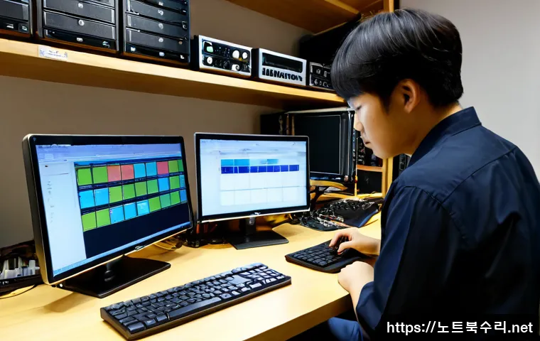 낙원동 STATUS_DATATYPE_MISALIGNMENT - Photorealistic IT support workstation in a compact Nakwon-dong instrument-repair studio, dual monito...