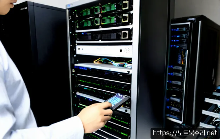 충현동 server출장방문수리점 - Photorealistic onsite server repair in a compact office near a quiet Seoul residential hillside, tec...