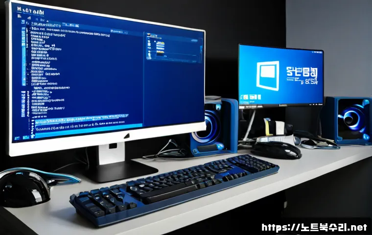 오산시 INTERNAL_POWER_ERROR - Photorealistic IT support workstation in a modern Osan office, dual monitors showing a blank deep-bl...