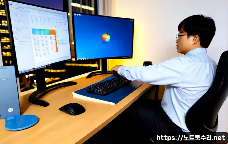 마포구 블루스크린 - Photorealistic IT support workstation in a compact Mapo-style apartment office, desktop monitor show...