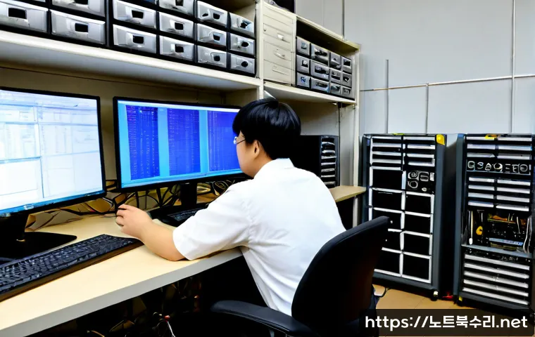 을지로 STATUS_KERNEL_THREAD_INTERRUPTED - Photorealistic IT support workstation in an Euljiro-style electronics repair workshop, dual monitors...