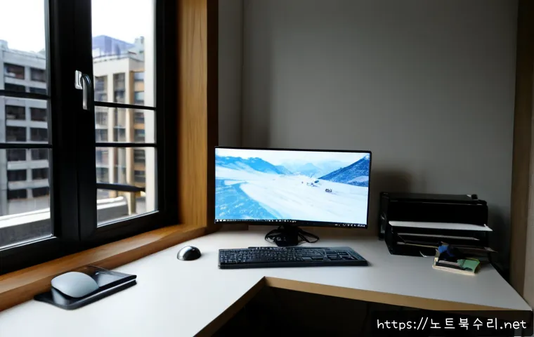 황계동 컴퓨터멈춤 - Photorealistic compact architectural studio workstation in Hwanggye-dong, dual monitors frozen on a ...
