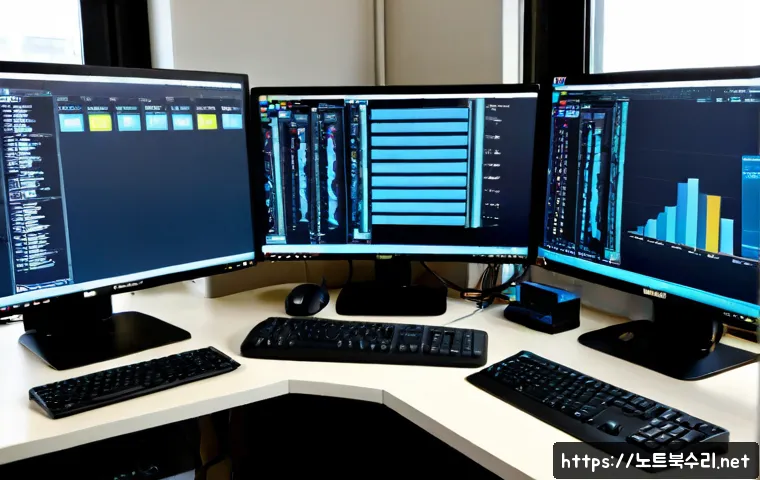 어룡동 STATUS_KERNEL_MEMORY_LEAK - Photorealistic IT support workstation in a compact Eoryong-dong office, dual unbranded monitors show...