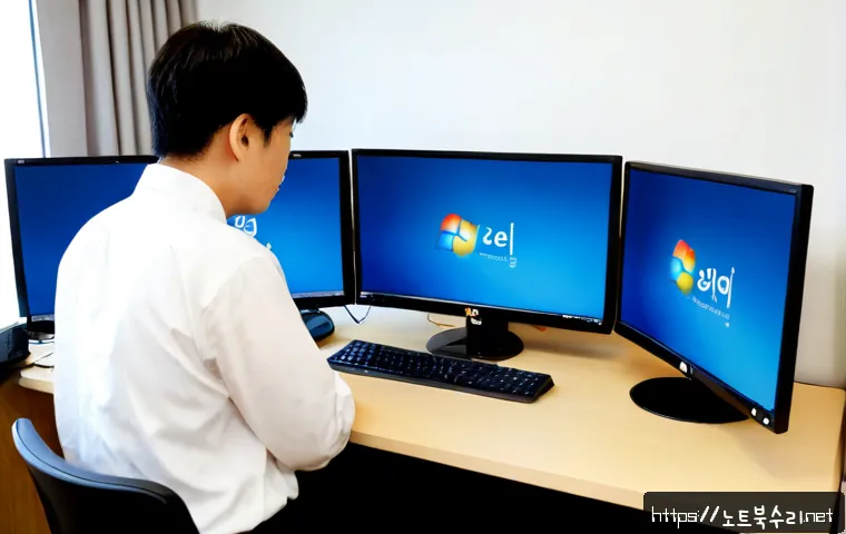 염곡동 pc에 문제가 발생하여 다시 시작해야 합니다 - Photorealistic remote IT support workstation in a quiet Yeomgok-dong office, dual monitors with one ...