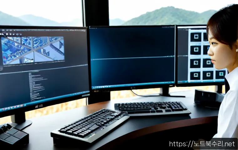 탄현면 STATUS_MODULE_CORRUPTION - Photorealistic remote-support workstation in a quiet Tanhyeon-myeon office, dual monitors showing a ...