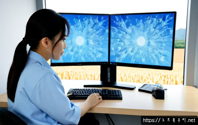 불은면 STATUS_KERNEL_THREAD_TIMEOUT - Photorealistic IT support workstation in a quiet rural Korean office, desktop tower with exposed coo...