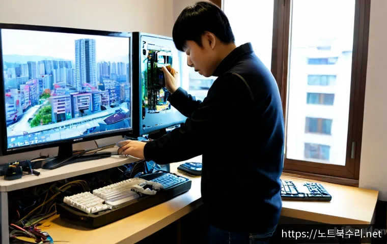 대신동 워크스테이션출장방문수리점 - Photorealistic on-site workstation repair inside a compact Daesin-dong apartment office, technician ...