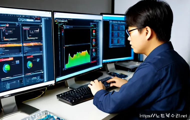 낙원동 STATUS_KERNEL_MODULE_CORRUPTION - Photorealistic IT support workstation in a compact Nakwon-dong electronics repair office, technician...