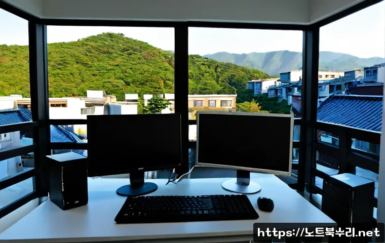 율정동 STATUS_IMAGE_CHECKSUM_MISMATCH - Photorealistic IT support workstation in a quiet hillside neighborhood office, dual monitors showing...