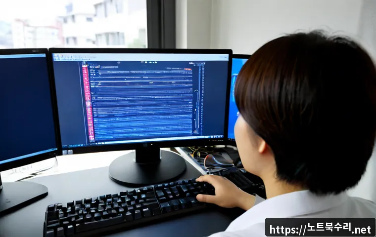 삼각동 STATUS_KERNEL_MODULE_FAILURE - Photorealistic IT support workstation in a compact Sangak-dong office, dual monitors showing abstrac...