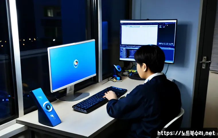 이문동 BAD_POOL_CALLER - Photorealistic IT support workstation in a compact Imun-dong apartment office, dual monitors showing...