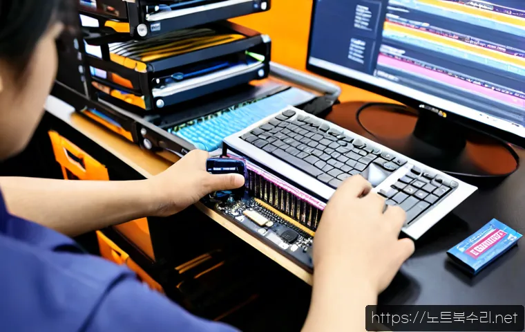 주안동 SSD조립 및 교체수리 - Photorealistic computer repair workstation in Juan-dong, technician installing a slim NVMe SSD into ...