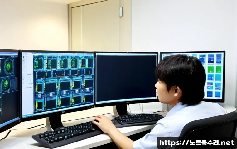 당정동 네트워크구축 설정 및 세팅오류해결 - Photorealistic network technician configuring a compact office workstation in Dangjeong-dong, dual m...
