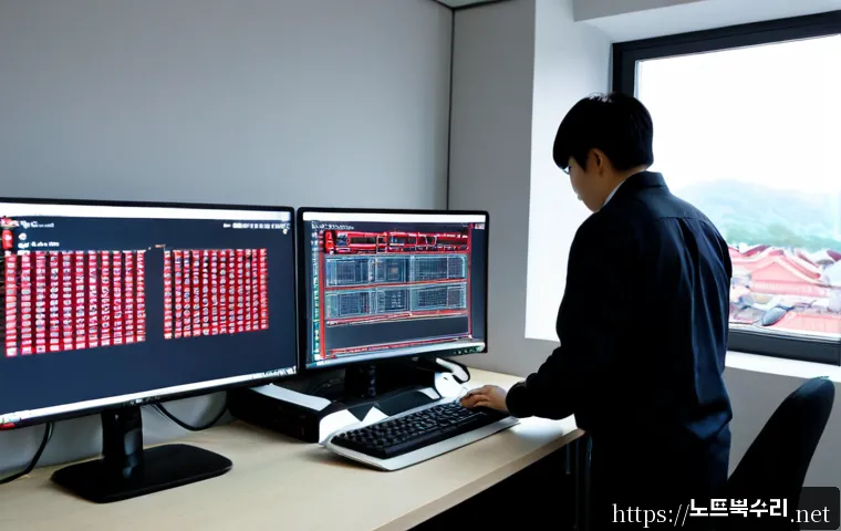 부평구 STATUS_INVALID_OBJECT - Photorealistic IT support workstation in a compact Bupyeong office, dual monitors showing a blank te...