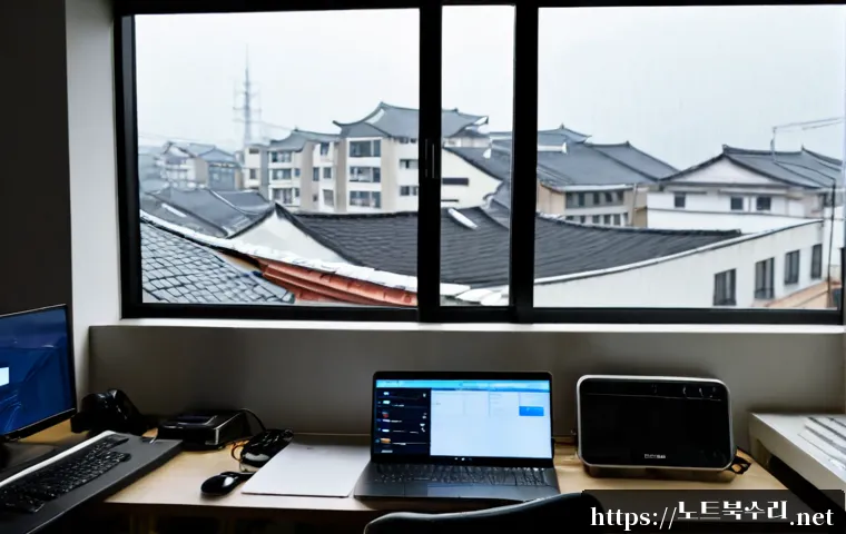 신이문동 STATUS_DEVICE_OFFLINE - Photorealistic remote-support workstation in a compact Sinimun-dong apartment office, dual monitors ...