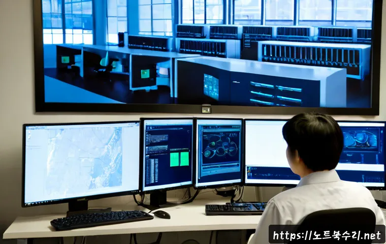 갈곶동 STATUS_KERNEL_CONNECTION_TIMEOUT - Photorealistic IT support workstation in a compact Korean industrial district office, dual monitors ...