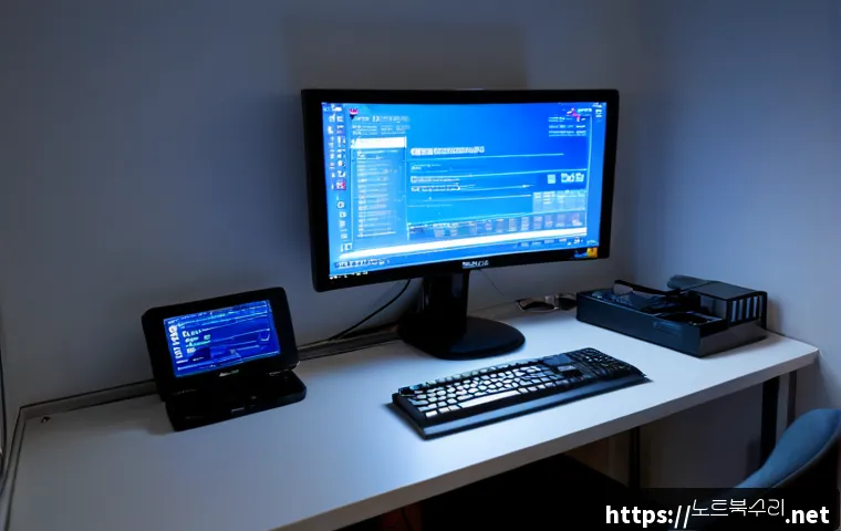 신곡동 STATUS_KERNEL_THREAD_FAILURE - Photorealistic modern workstation in a compact Sin-gok-dong apartment office, desktop monitor showin...