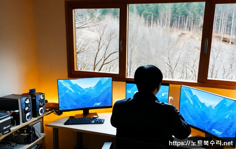 구기동 CLOCK_WATCHDOG_TIMEOUT - Photorealistic remote-support workstation in a quiet Gugi-dong home office, dual monitors with a fro...