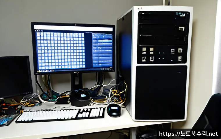 덕교동 부팅안됨 - Photorealistic computer repair workstation in a compact Korean neighborhood office, desktop tower op...