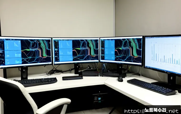 가리봉 STATUS_KERNEL_NETWORK_ERROR - Photorealistic IT support workstation in a compact Garibong office, dual monitors showing abstract n...