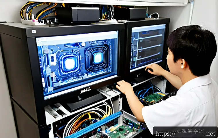 자일동 NAS출장방문수리점 - Photorealistic onsite NAS repair in a compact Jaeil-dong apartment study, technician replacing a dri...