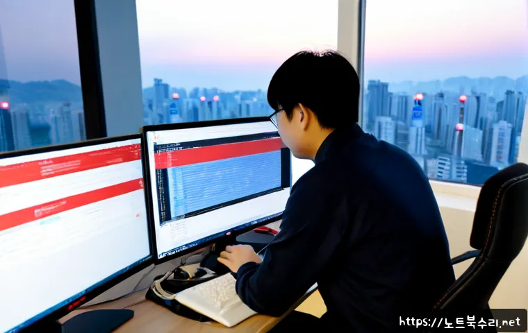 목동동 STATUS_KERNEL_PERMISSION_DENIED - Photorealistic IT support workstation in a modern Mokdong apartment office, dual monitors showing an...