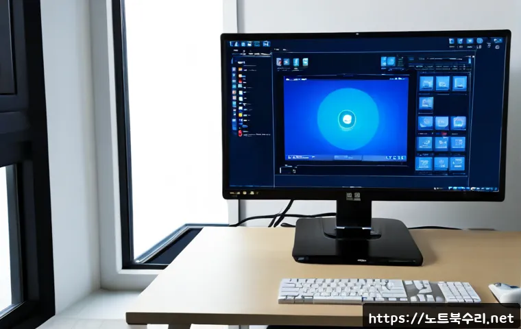 식사동 KMODE_EXCEPTION_NOT_HANDLED - Photorealistic remote-support workstation in a modern apartment office, ultrawide monitor showing an...