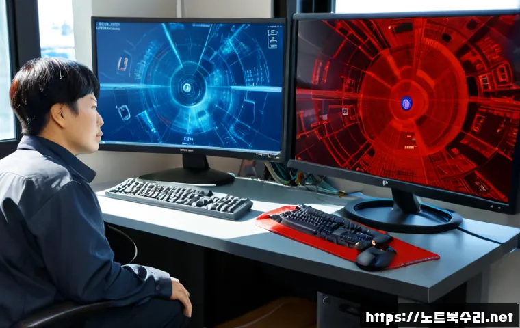 북성동 STATUS_KERNEL_BOOT_FAILURE - Photorealistic IT workstation in a compact North Port neighborhood office, dual monitors showing an ...
