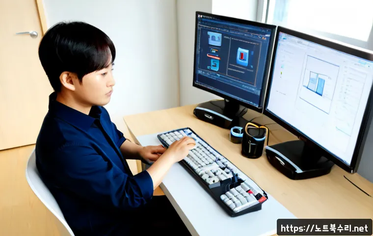 영통구 조립컴퓨터 pc 출장판매설치 - Photorealistic home-office computer installation in Yeongtong-gu, technician connecting a newly asse...