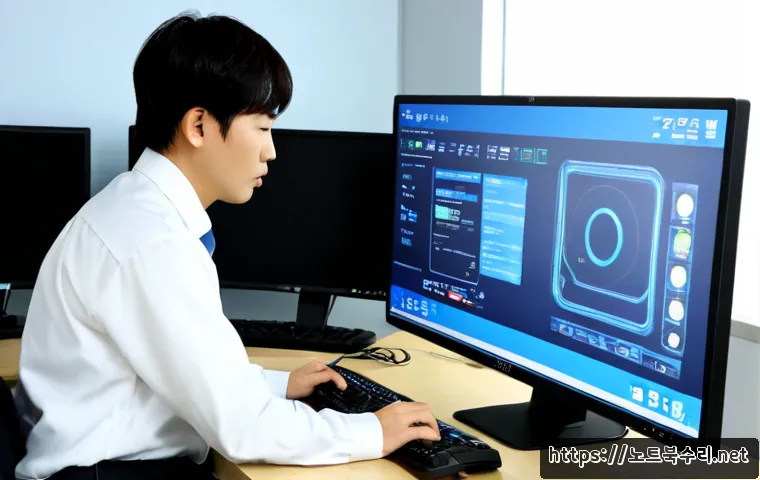 호법면 STATUS_KERNEL_FILE_SYSTEM_ERROR - Photorealistic IT support workstation in a quiet Korean suburban office near Hobeop-myeon, dual moni...