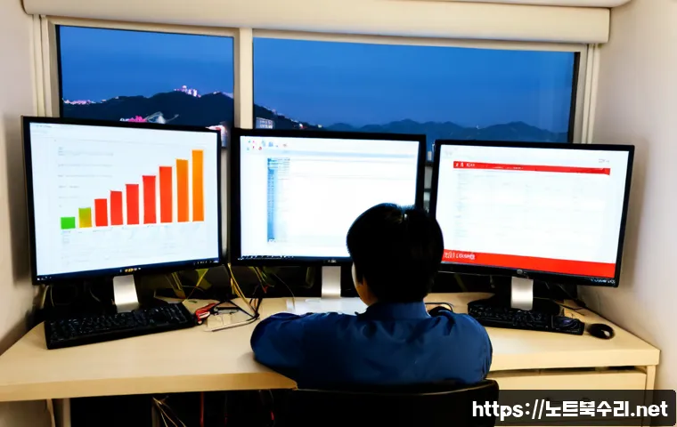 수유동 STATUS_FILE_INVALID - Photorealistic IT support workstation in a compact hillside apartment office, dual monitors showing ...