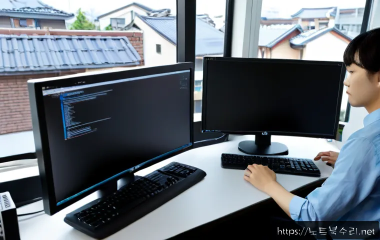 광석동 STATUS_PRIVILEGED_INSTRUCTION - Photorealistic IT support workstation in a quiet Korean neighborhood office, dual monitors displayin...
