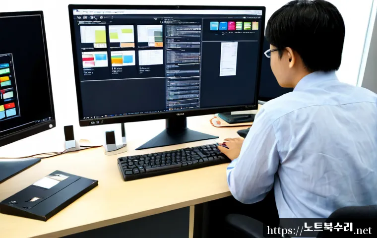 양평동 POOL_CORRUPTION_IN_FILE_AREA - Photorealistic IT support workstation in a compact Yangpyeong-dong office, dual monitors showing a c...