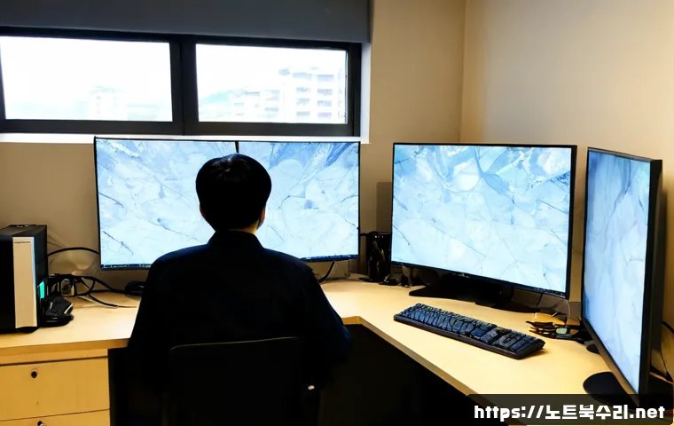 송천동 STATUS_INVALID_IMAGE_FORMAT - Photorealistic IT support workstation in a compact Songcheon-dong office, dual monitors displaying a...