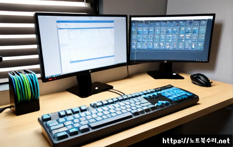 상갈동 f4키 누르라고 할때 - Photorealistic remote-support workstation in a compact modern Korean office, technician pressing the...