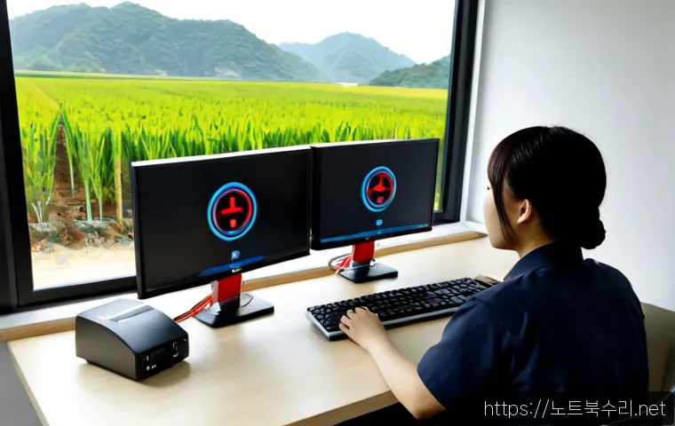 백사면 STATUS_CONNECTION_REFUSED - Photorealistic remote IT support workstation in a quiet rural Korean office, dual monitors showing a...