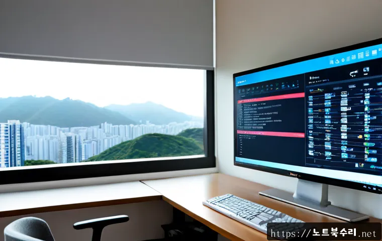 단대동 STATUS_KERNEL_PERMISSION_DENIED - Photorealistic IT support workstation in a compact hillside apartment office, dual monitors showing ...