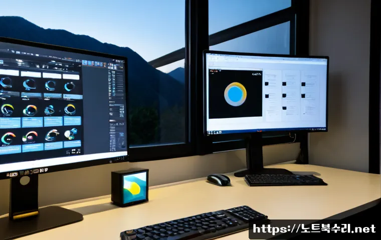 도봉구 UNMOUNTABLE_BOOT_VOLUME - Photorealistic IT support workstation in a compact Dobong-gu office, dual monitors showing a dark bl...