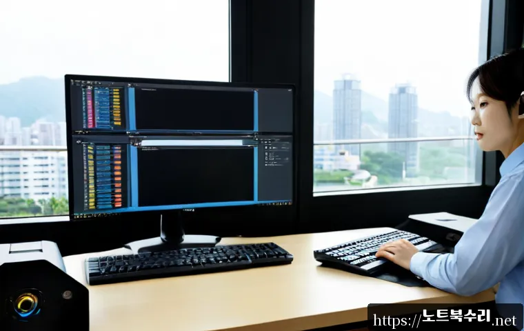 감일동 STATUS_DISK_NOT_INITIALIZED - Photorealistic IT support workstation in a modern Gamil-dong apartment office, dual monitors showing...