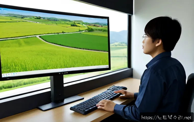 고촌읍 STATUS_MODULE_ACCESS_DENIED - Photorealistic IT support workstation in a quiet suburban office near farmland and low hills, techni...