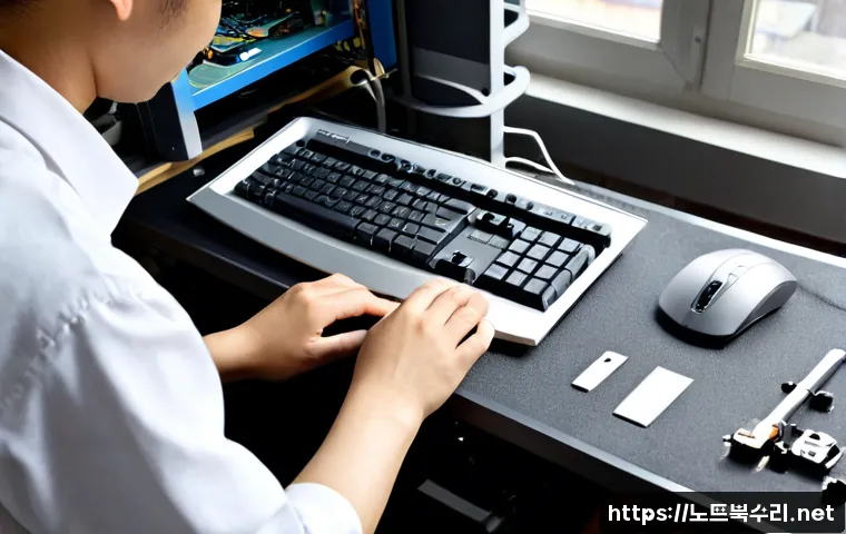 학온동 아이맥 판매 및 수리 - Photorealistic premium computer repair workshop in Hagok-dong, a technician carefully servicing a sl...