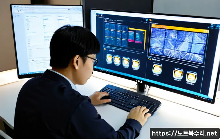 선화동 WIN32K_LOCK_HELD_TOO_LONG - Photorealistic IT support workstation in a compact Seonhwa-dong office, dual monitors showing a froz...